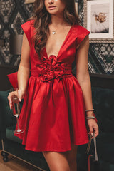 For Love Oversized Rose Bow Design Pleated Mini Dress