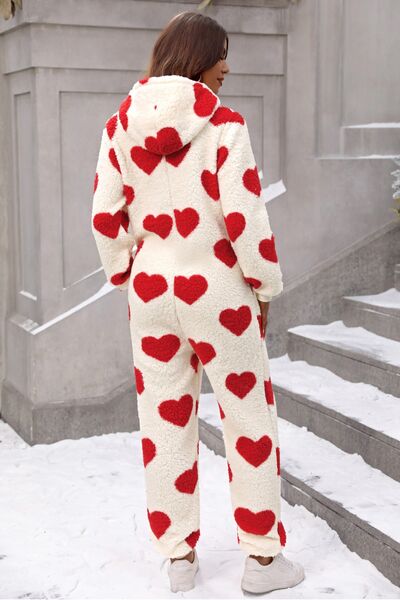 Fuzzy Heart Lounge-Overall mit Reißverschluss und Kapuze