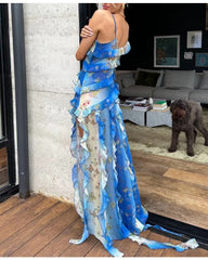 2024ss sexy halter deep V print beach dress