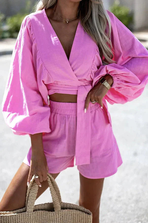 Going My Way Linen Blend Wrap Shorts Suit