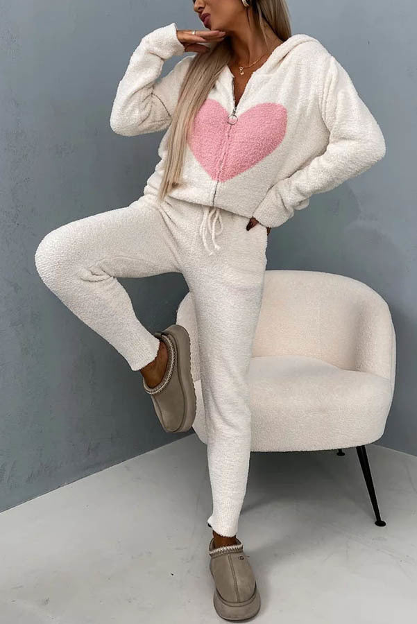 Listen To Your Heart Printed Plush Zipper Hooded Lounge Coat