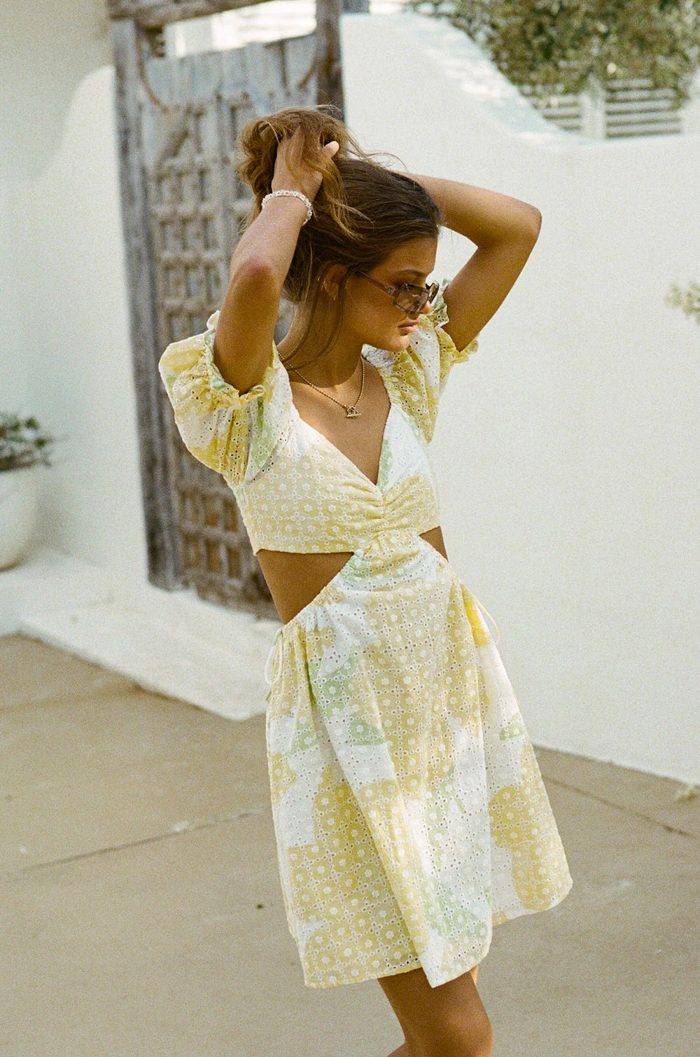 Yellow Floral Cutout Mini Dress