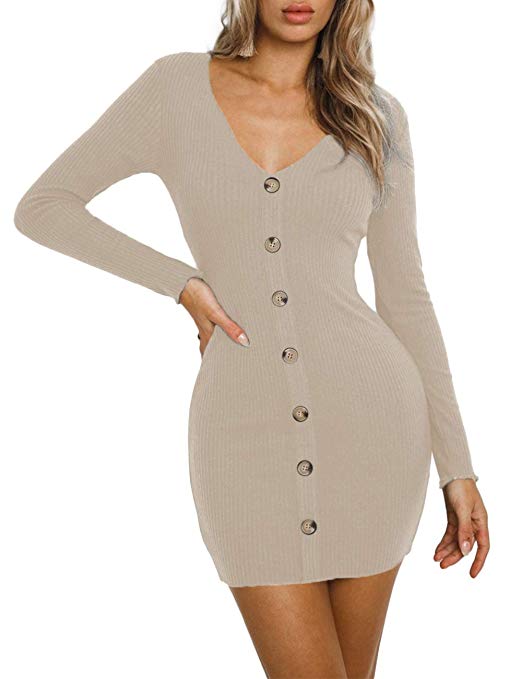 Women鈥檚 Ribbed Knit Button Down Sweater Dress V-Neck Long Sleeve Bodycon Mini Pencil Dress