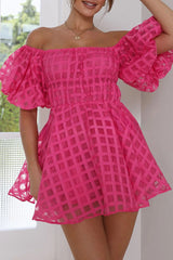 Barbie Night Square Patterned Fabric Puff Sleeve Elastic Waist Mini Dress
