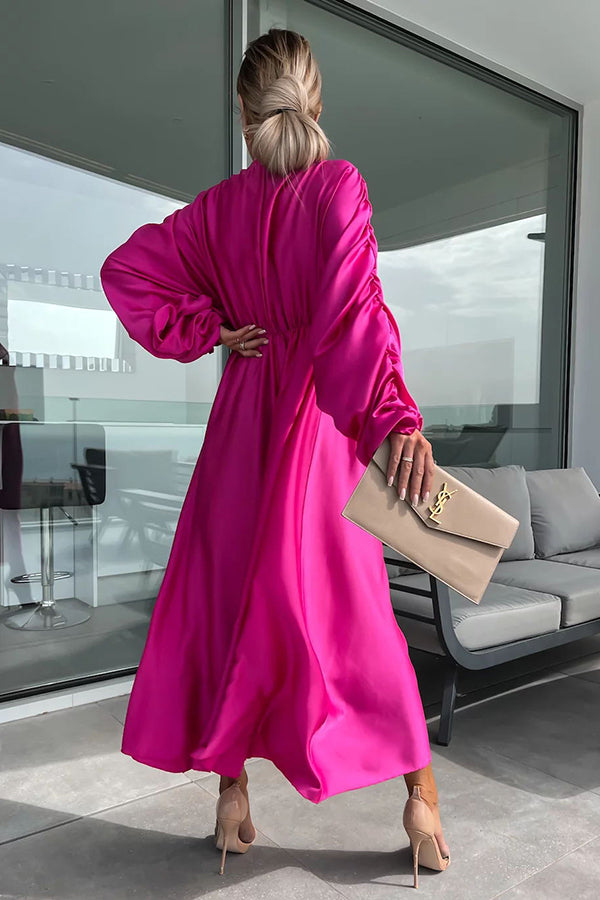 Whisper of A Thrill Satin Ruched Dolman Sleeves Maxi Dress