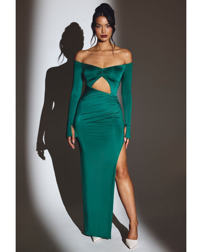 2024ss sexy long-sleeved slit dress