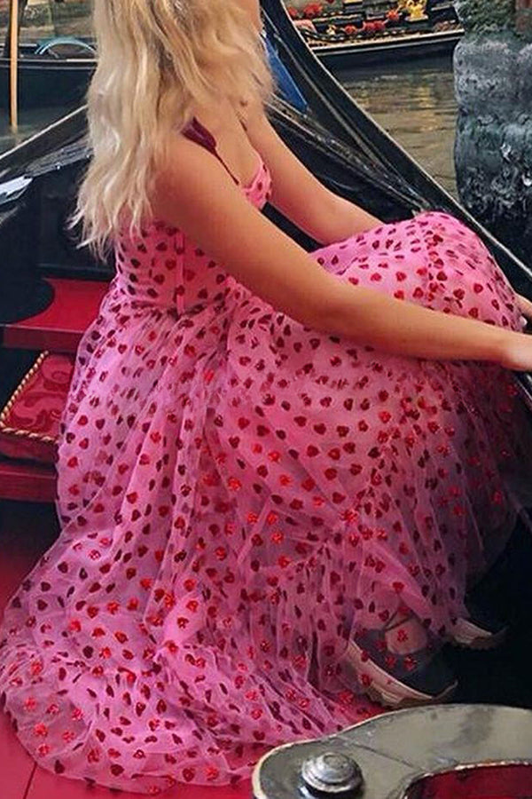 Heart Shaped Print Patchwork Lace Up Midi Dress