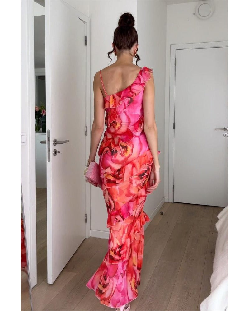 2024ss sexy halter print ruffled dress