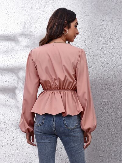 Bluse mit V-Ausschnitt, Ballonärmeln und Schößchen