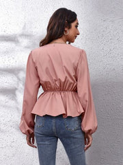 Bluse mit V-Ausschnitt, Ballonärmeln und Schößchen