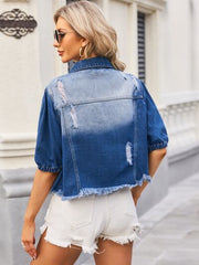 Jeansjacke mit Knopfleiste und Used-Look im Raw-Saum