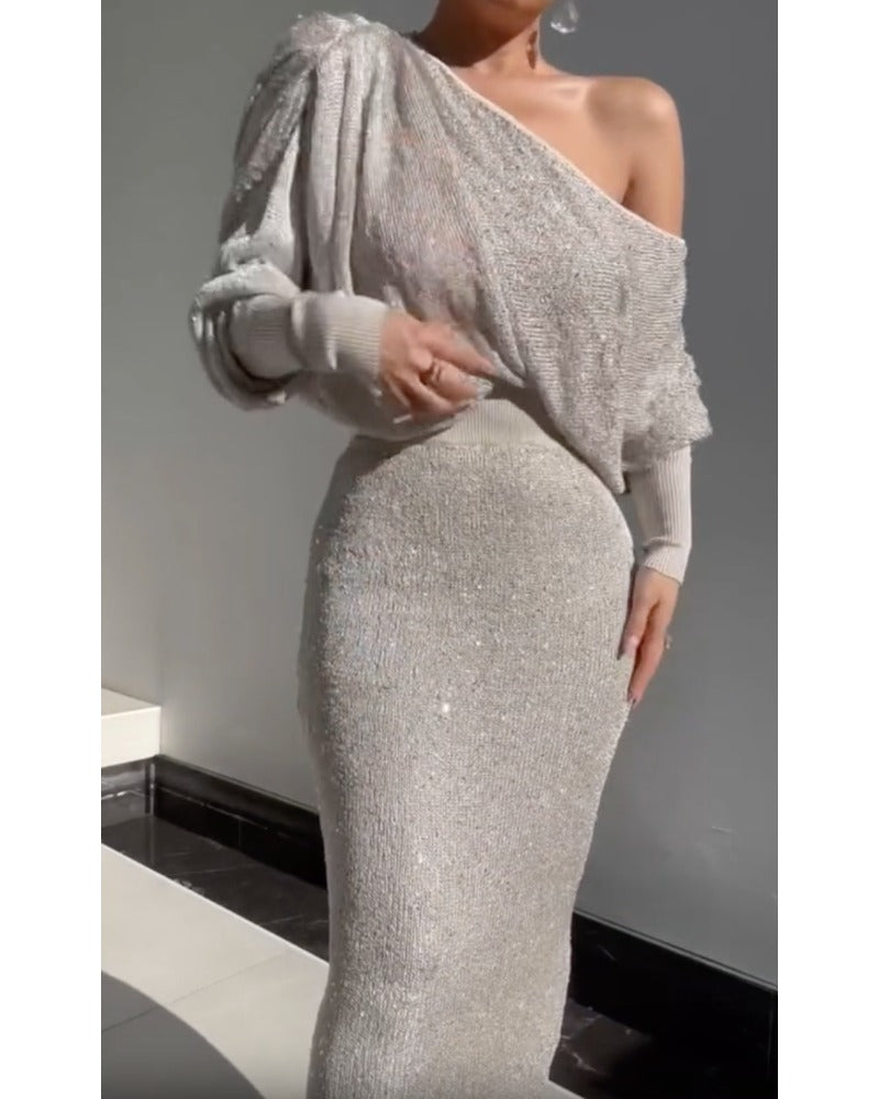 Diagonal shoulder knitted sexy suit woman