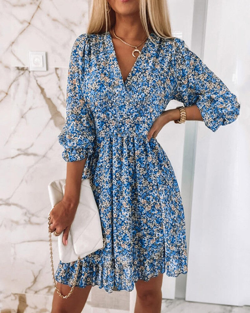 Ditsy Floral Print Puff Sleeve Ruffle Hem Shirred Dress