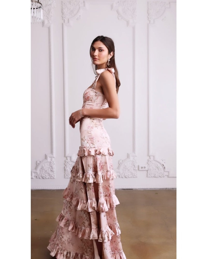 2024ss sexy halter floral print slit dress