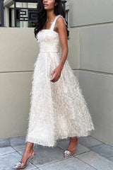 Fairy and Attractive Look Fluffy Tassel Fabric Square Neck Midi Dress