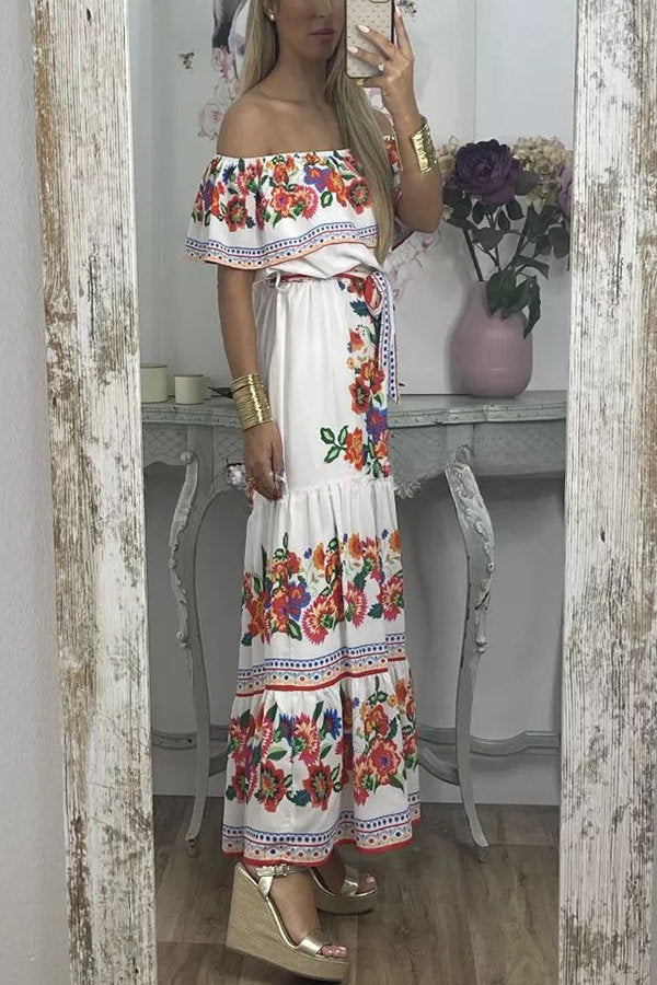 For A Season Floral Printed Off Shoulder Belt Maxi Dress