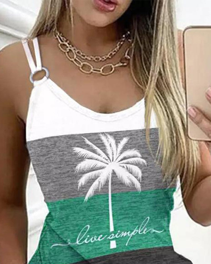 Live Simple Coconut Tree Print Colorblock Casual Dress