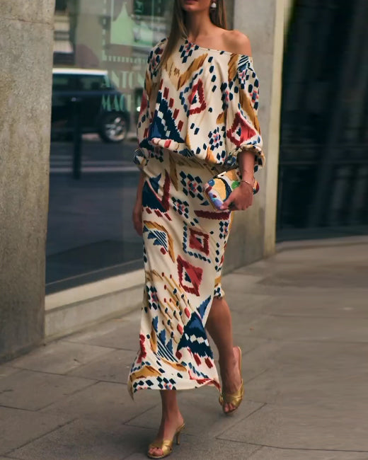 Zweiteiliger Anzug mit One-Shoulder-Langarm und Print 