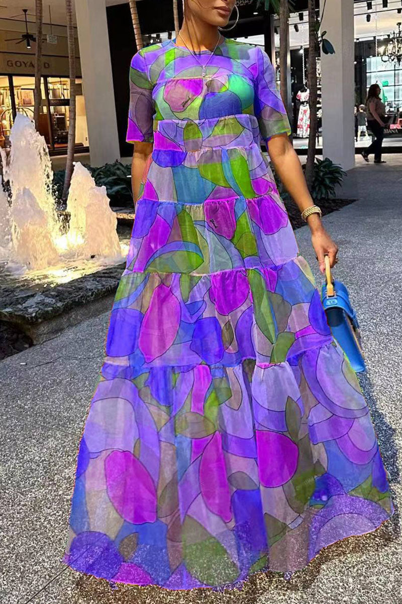 Rosa Lila Lässig Drucken Patchwork O Neck Gerade Kleider 