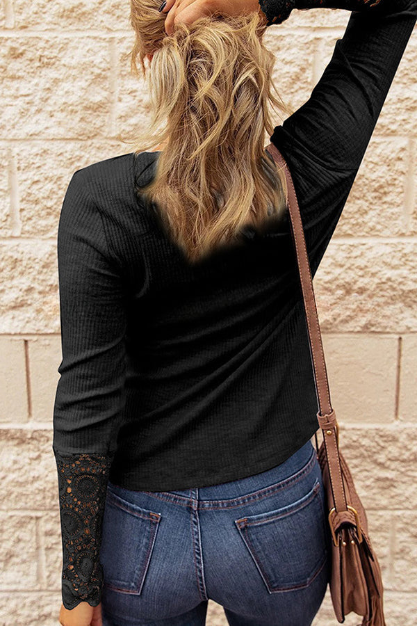 Solid Color Button Crochet Lace Long Sleeve Top