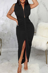Black Sexy Solid Patchwork Asymmetrical V Neck Irregular Dress Dresses