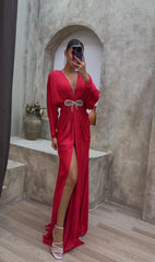 red evening dress deep V sexy long-sleeved dress