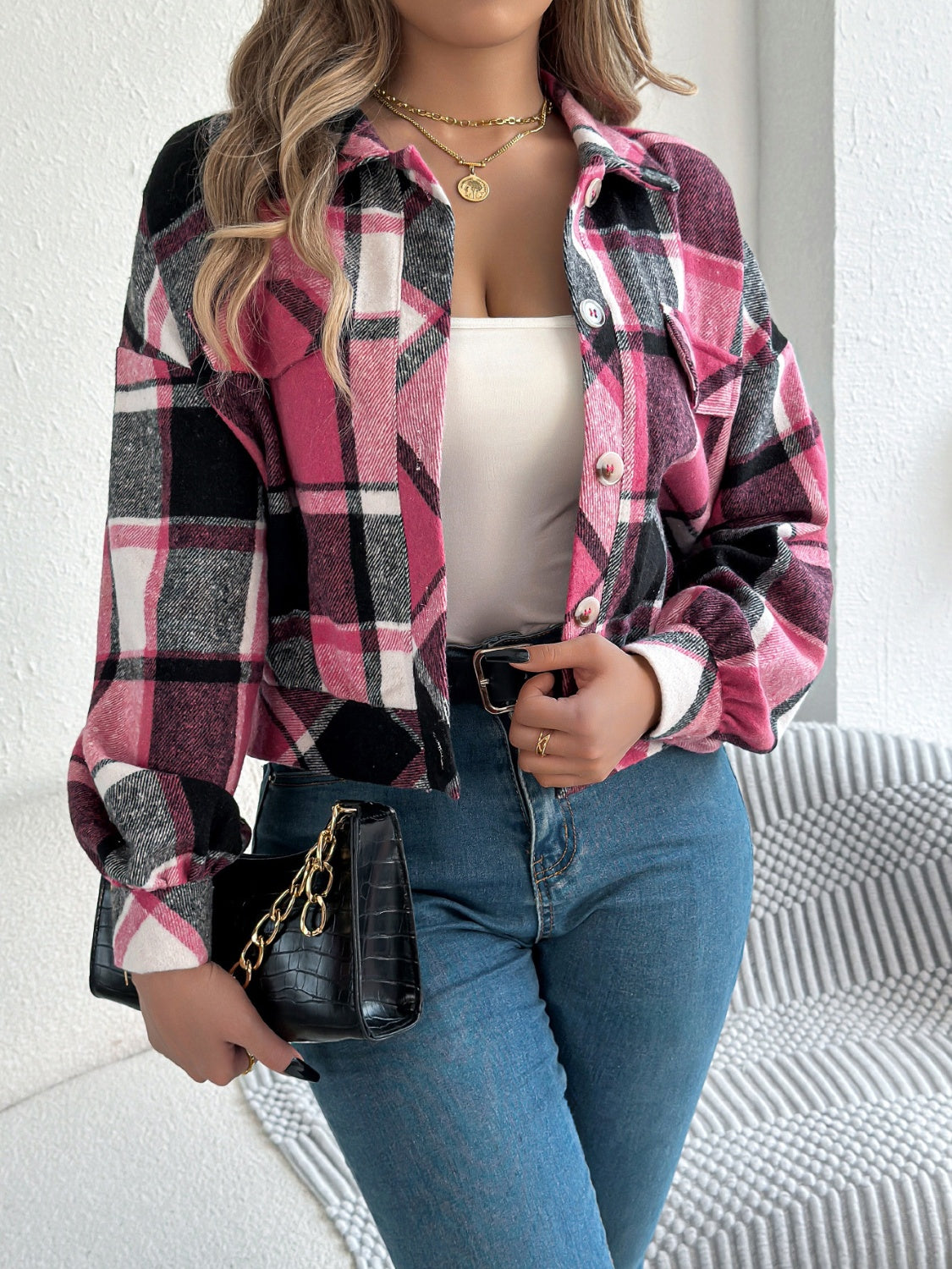 Karierte, langärmlige Jacke mit Knöpfen