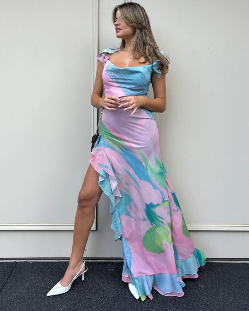 2024ss sexy halter print ruffled dress