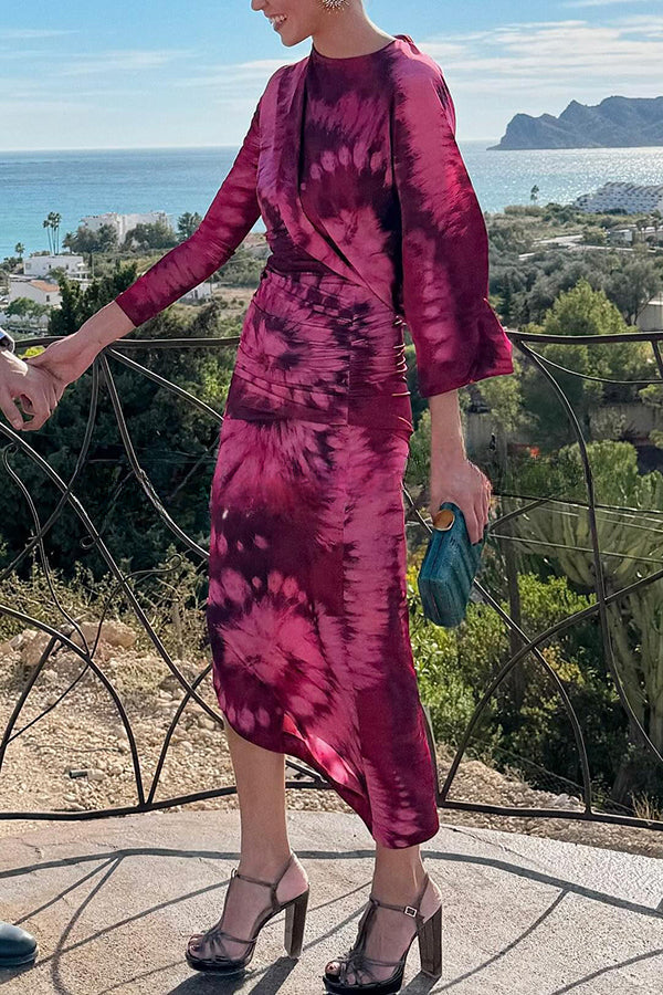 Claudia Tie Dye Print Ruched Midi Dress (multiple Ways To Wear)