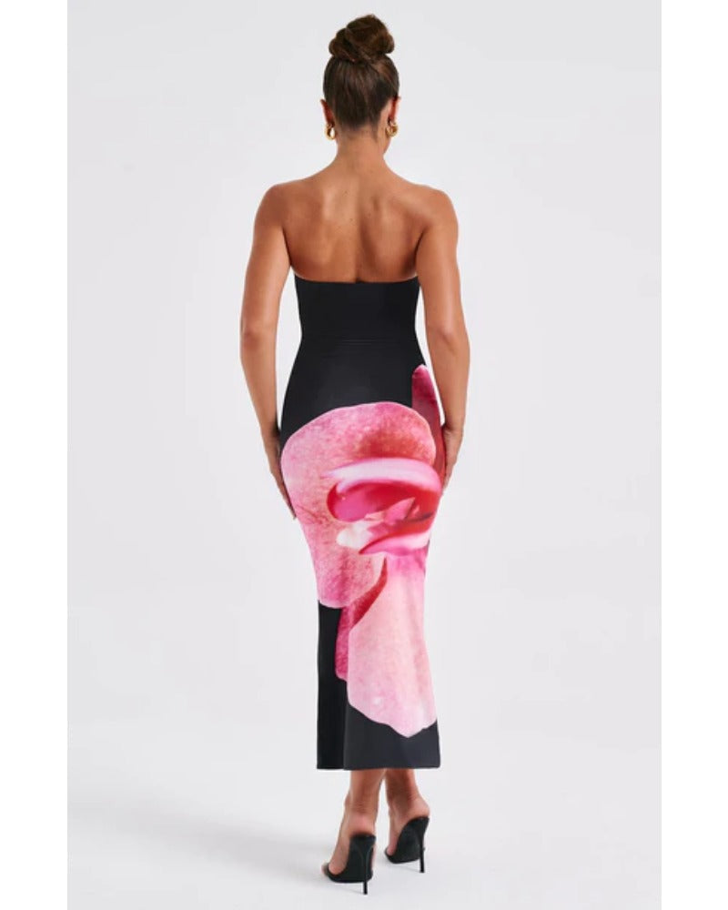 2024ss sexy strapless plant-print dress