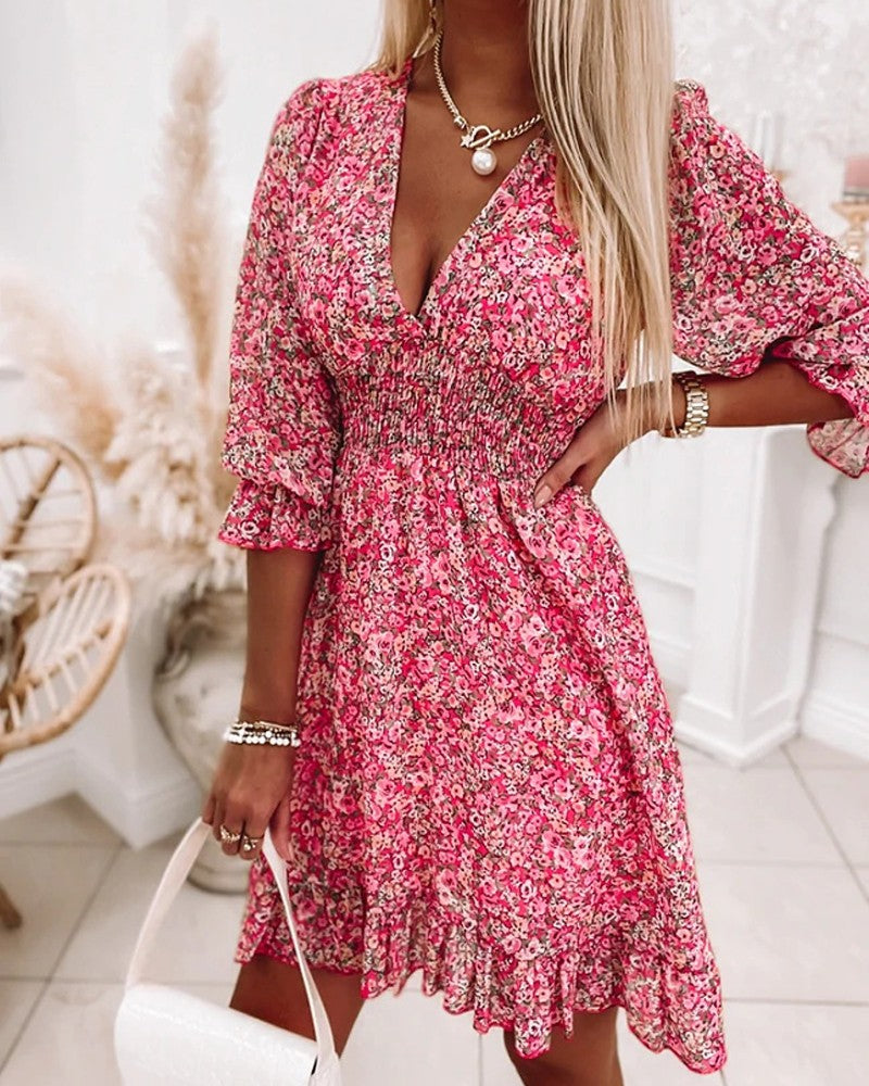 Ditsy Floral Print Puff Sleeve Ruffle Hem Shirred Dress