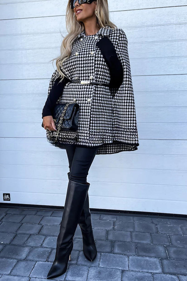 Paris Chic Houndstooth Print Metallic Double-breasted Cape Coat
