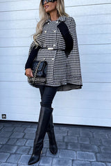 Paris Chic Houndstooth Print Metallic Double-breasted Cape Coat