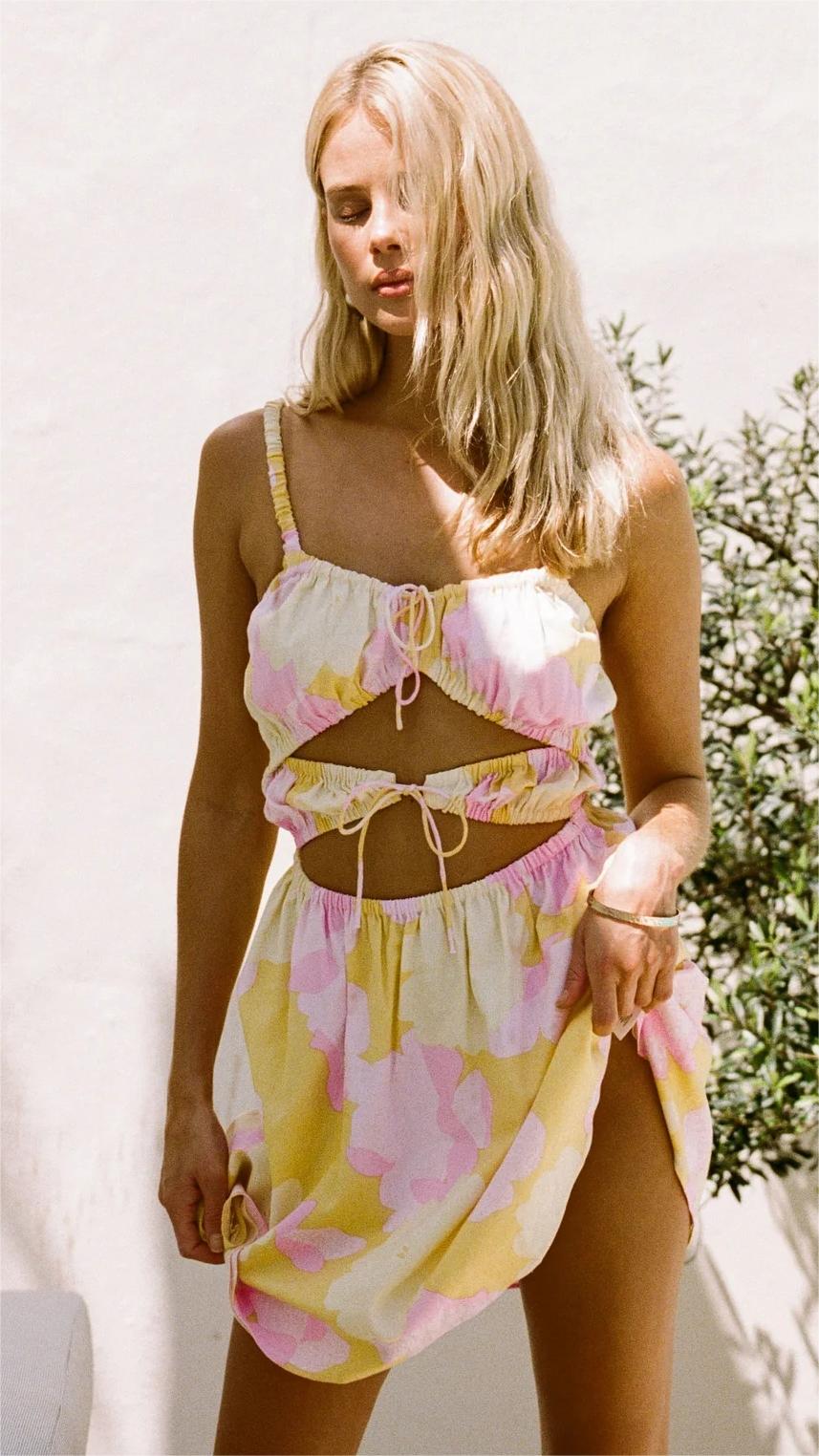 Yellow Cutout Waist Mini Dress