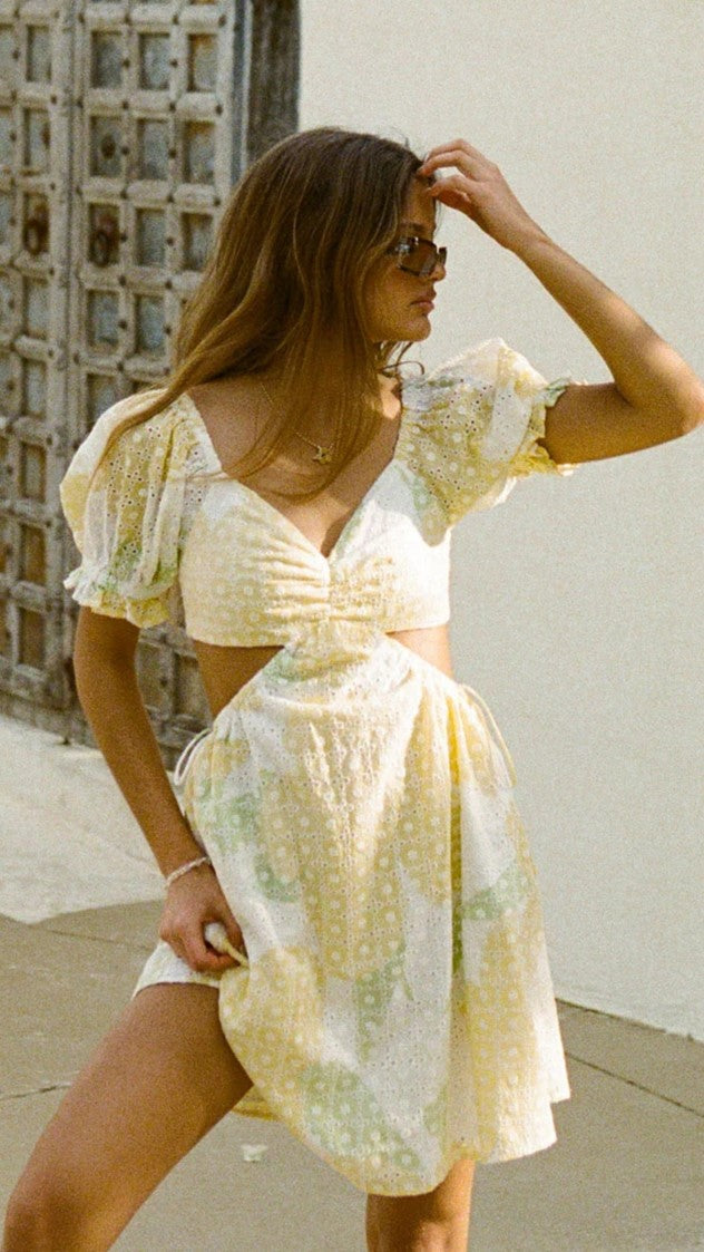 Yellow Floral Cutout Mini Dress