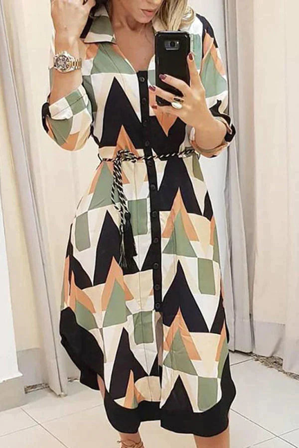 Find You Well Printed Belt Shirt Midi Dress