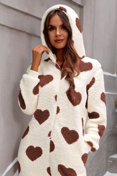 Fuzzy Heart Lounge-Overall mit Reißverschluss und Kapuze