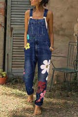 Let's Bloom Floral Print Pocket Denim Jumpsuit
