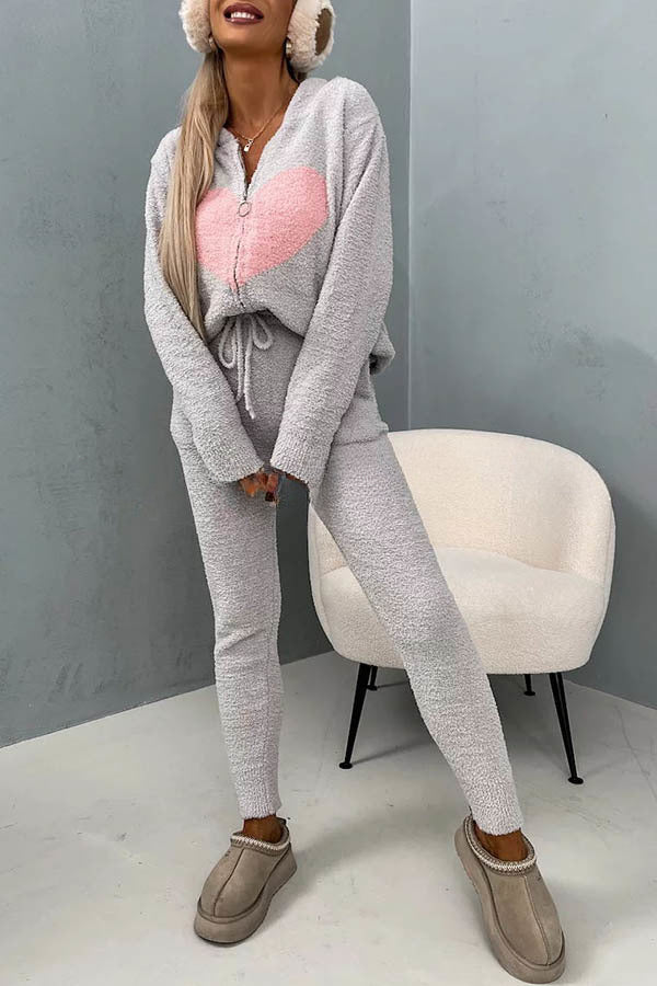 Listen To Your Heart Printed Plush Zipper Hooded Lounge Coat