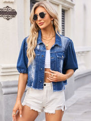 Jeansjacke mit Knopfleiste und Used-Look im Raw-Saum