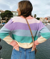 Rosa Strickpullover mit Farbblock-Streifen
