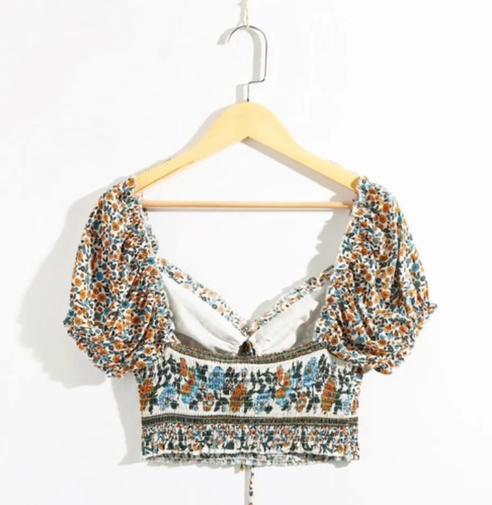 Floral Front-Tie Smocked Crop Top