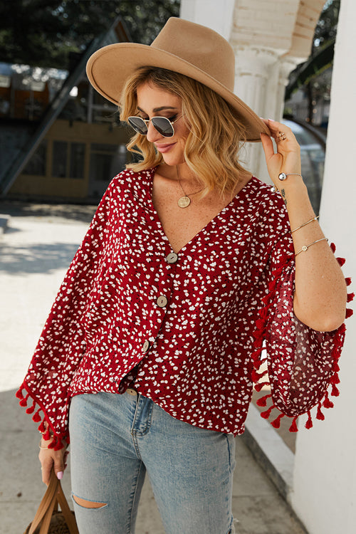 Sunshine Soul Printed Tassel Button-Up Top - 3 Colors
