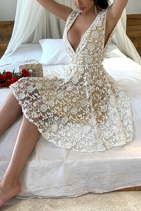 Hearts In Love Plunging Neck Embroidery Mesh Dress