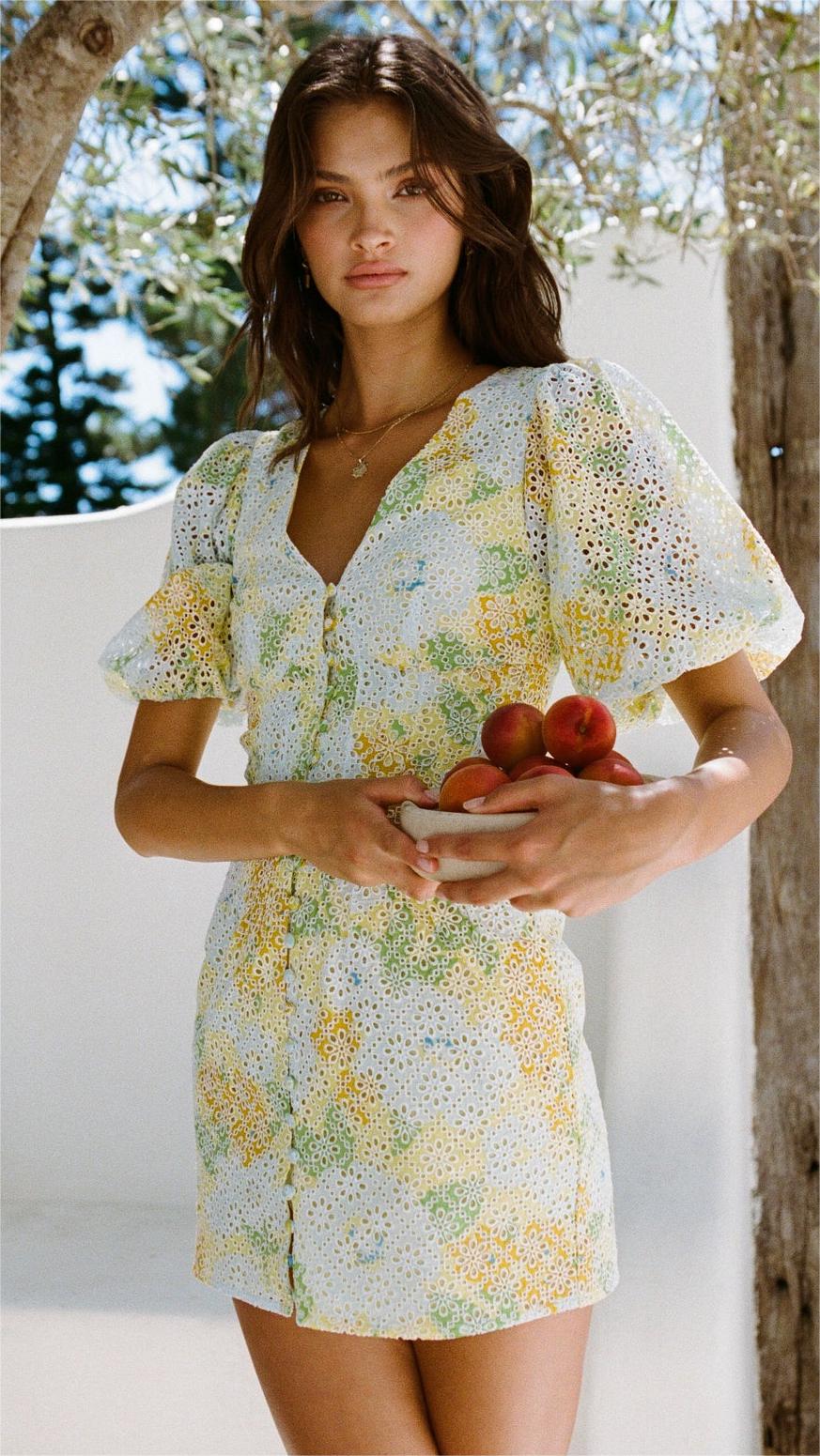 Yellow Floral Puff Sleeves Mini Dress
