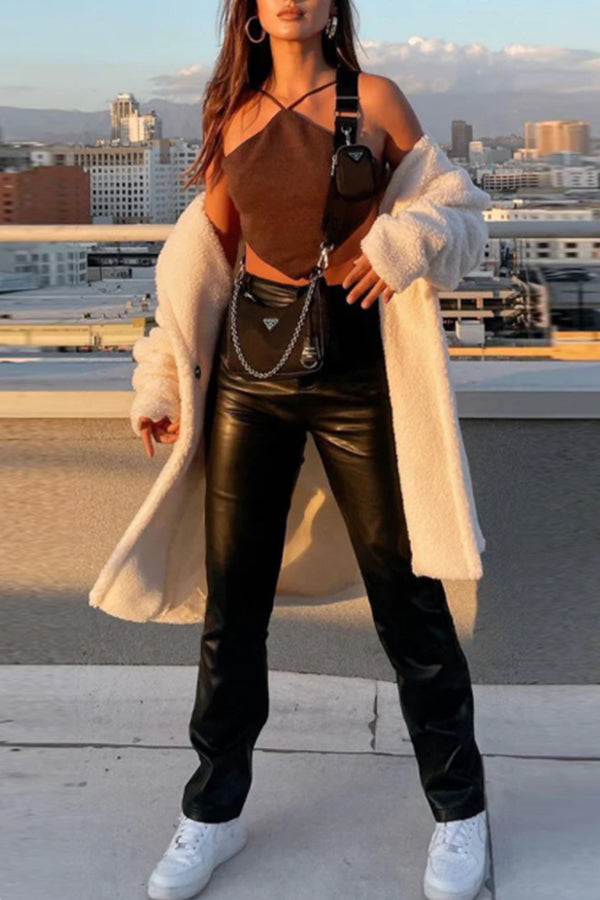 Solid Color Faux Leather Pocket High Waist Pants