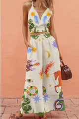 Vacation Charm Linen Blend Unique Print Wrap Cami Top and Elastic Waist Pocketed Pants Set