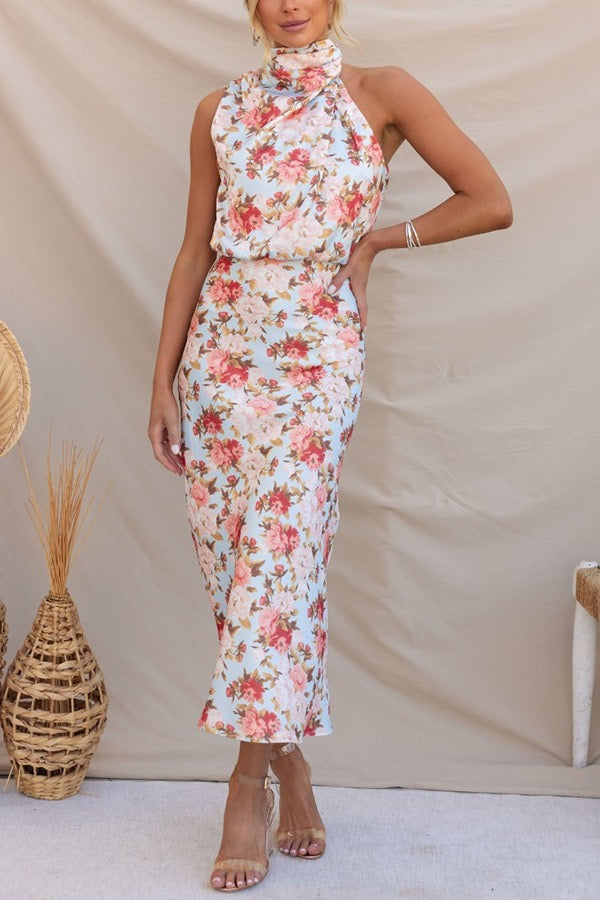 Green Floral Satin Midi Dress