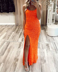 Sexy suspender bright color slit resort style sequin dress