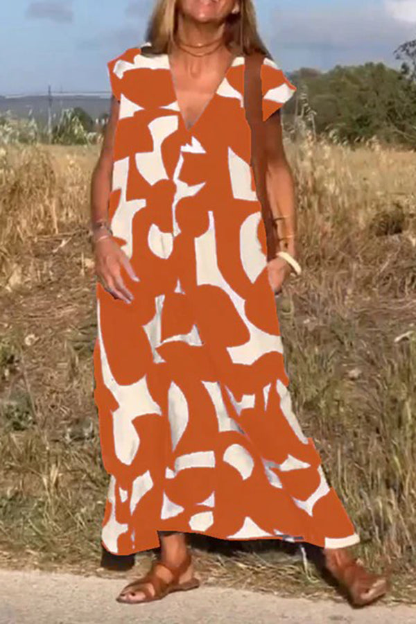 V Neck Geometric Pattern Loose Midi Dress